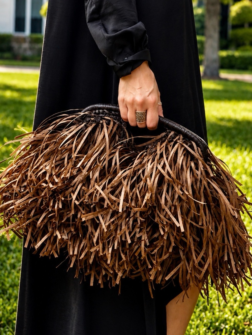 Brown Fringe Raffia Tote Bag - Handmade